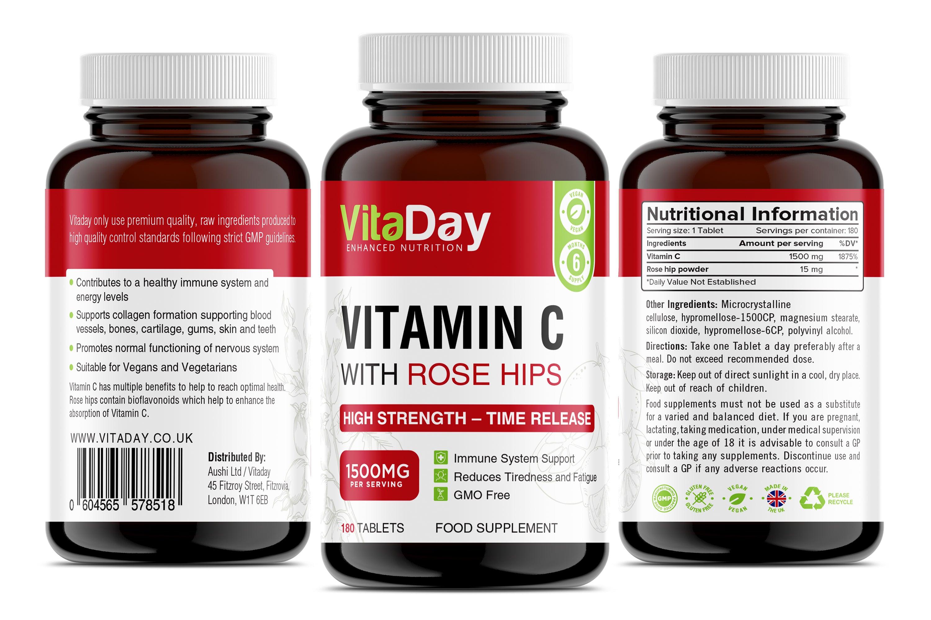 Vitamin C with Rose Hips - High Strength with Time Release - Vitaday
